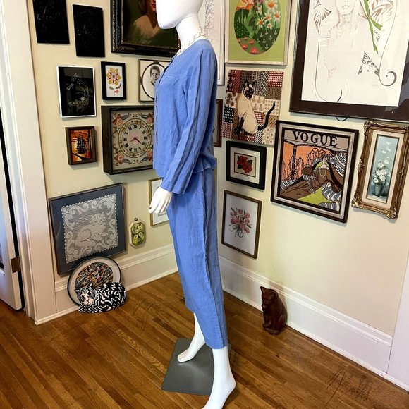 80s Vintage Palisades Blue 100% Linen Long Sleeve Button Front Top and Pant Set - Picture 3 of 4